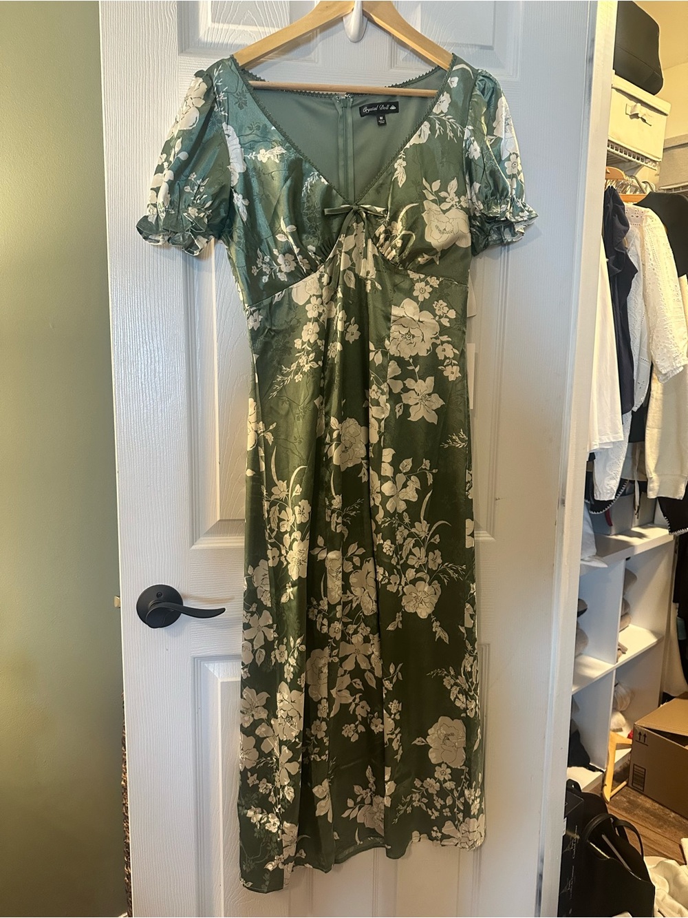 Crystal Doll Olive Green Floral Dress with Cream Accents